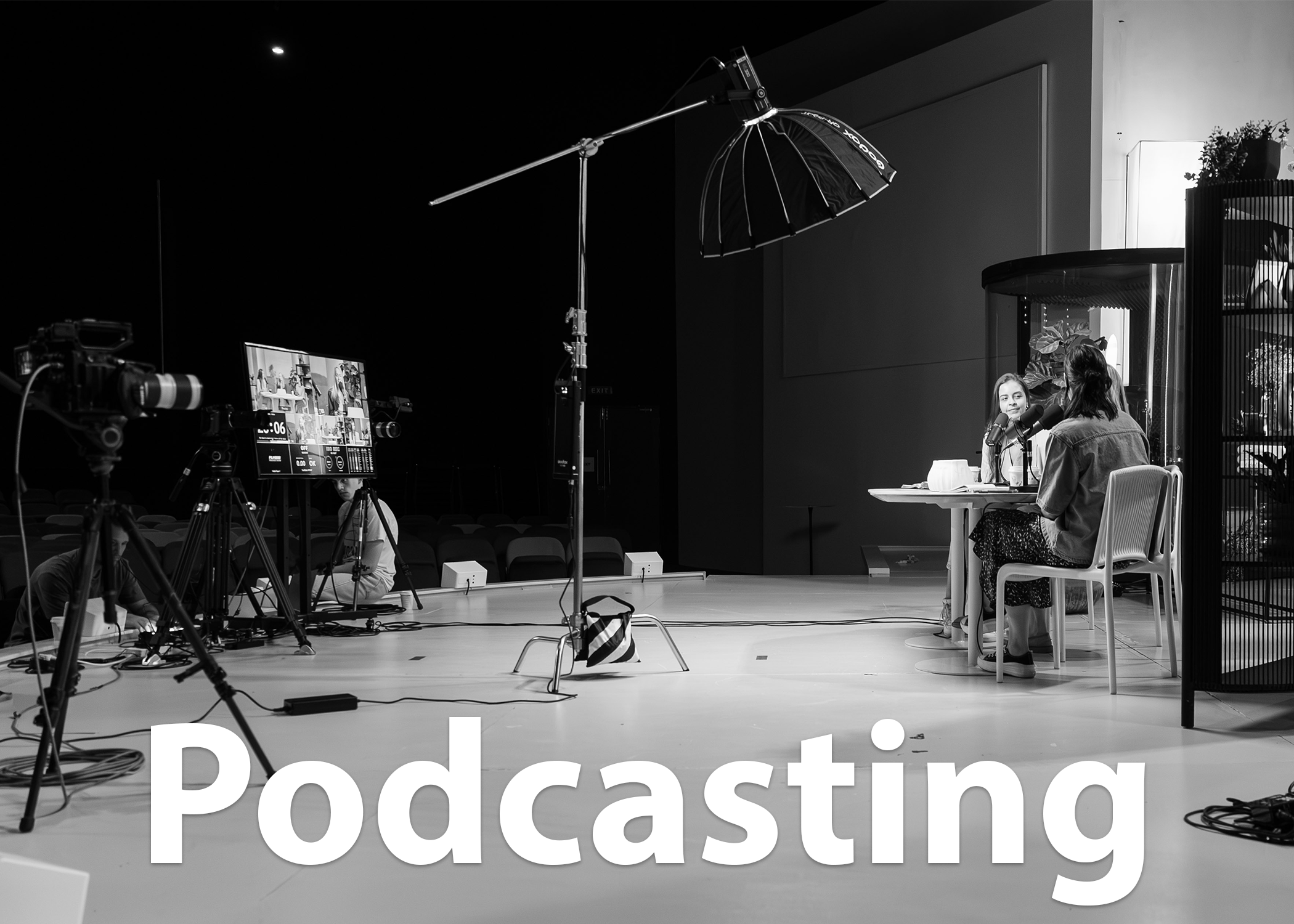 Professional multi-camera podcast studio setup with professional lighting and microphones for video production